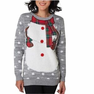 To Be Jolly Holiday Ugly Sweater Gray Feather Snowman Body Plaid Scarf